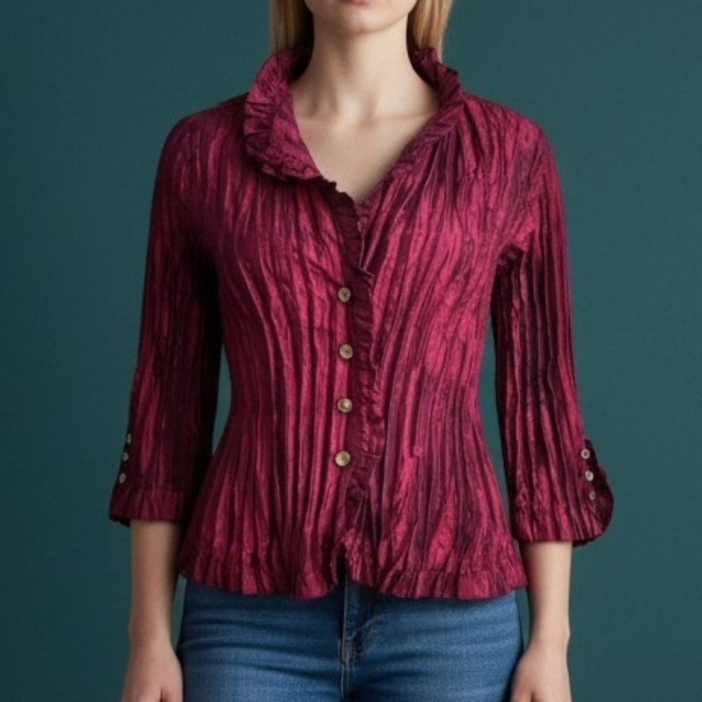 VTG AGORA Fuscia Metallic Crinkle Cropped Button Down Castlecore Shirt